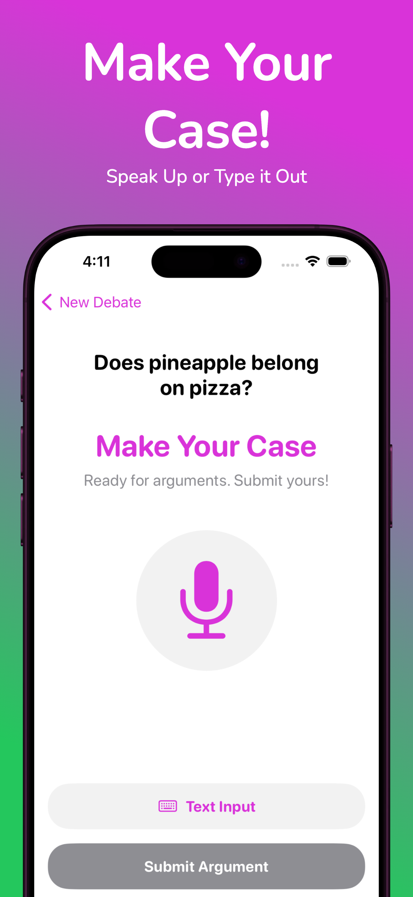 Argument input screen with voice and text options